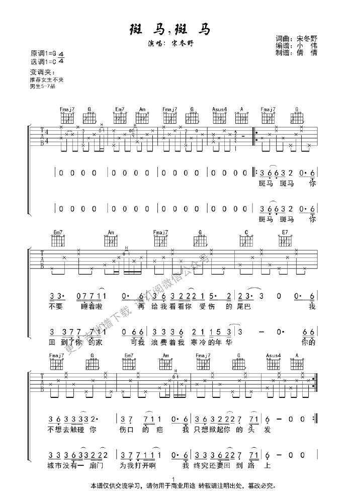 宋冬野-斑马斑马吉他谱1-C调指法