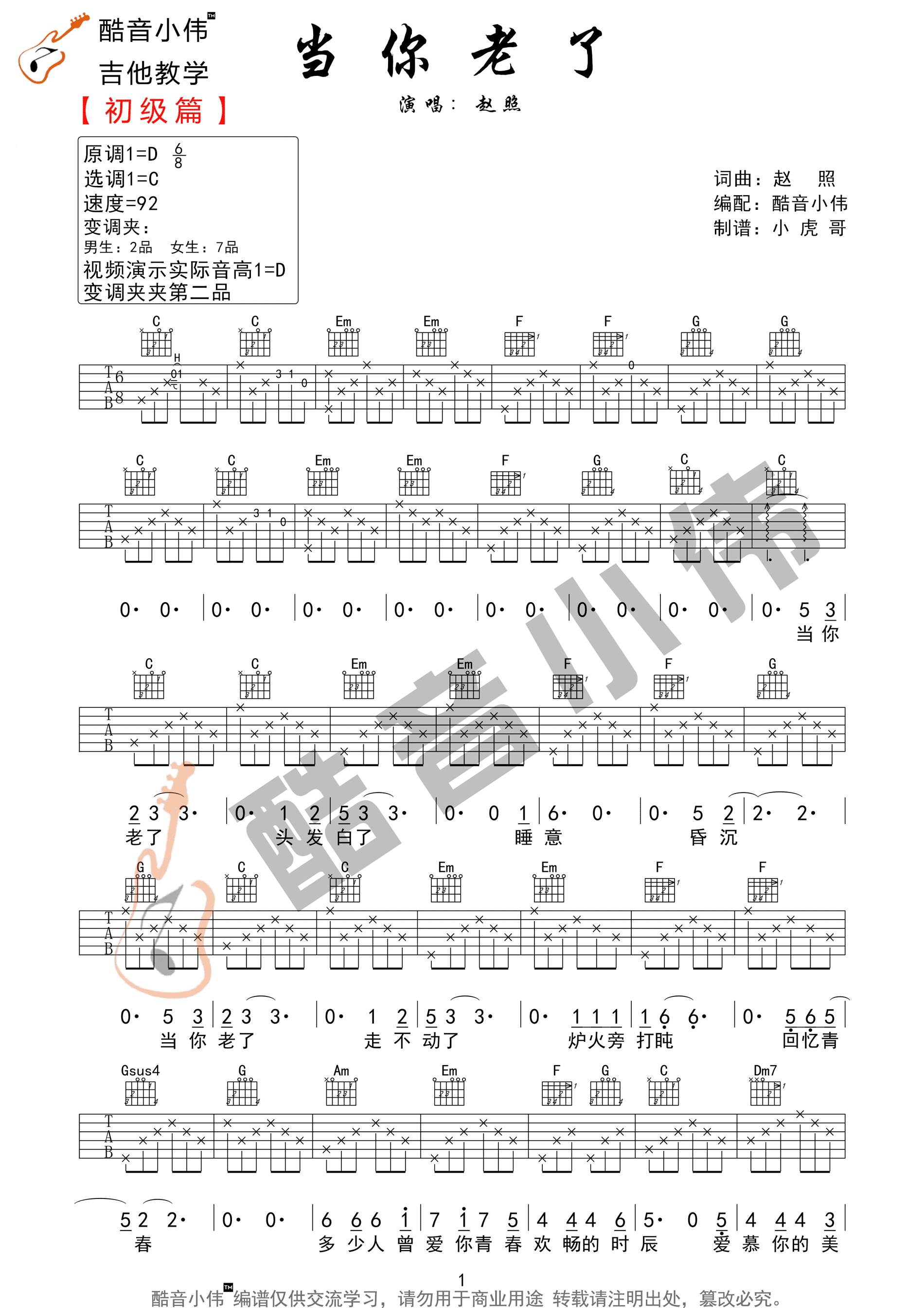 赵照-当你老了吉他谱1-C调指法